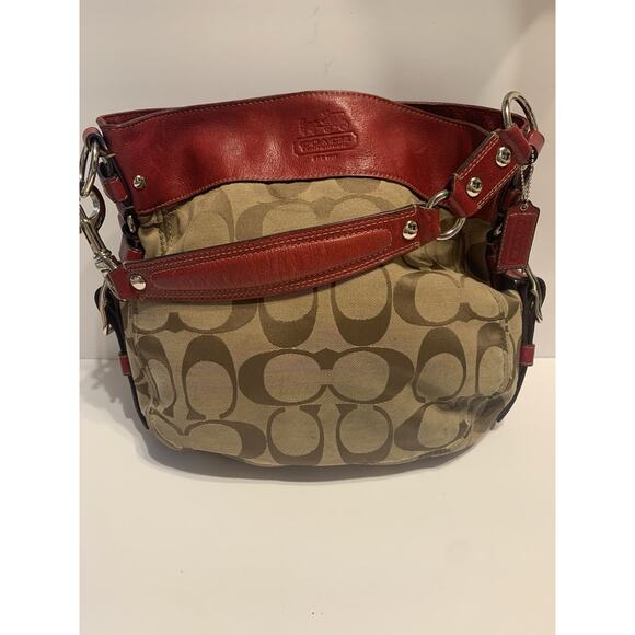 COACH Zoe Signature Monogram Jacquard Hobo Shoulder Bag - Red Leather Trim - Picture 1 of 10